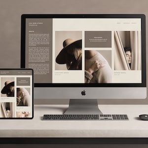 May include: A website mockup displayed on a desktop computer and a tablet. The website features a minimalist design with a light brown background and images of people. The text on the website reads "Live Down Studio" and "Featuring".