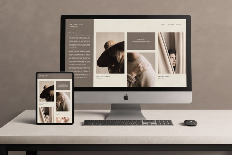 May include: A website mockup displayed on a desktop computer and a tablet. The website features a minimalist design with a light brown background and images of people. The text on the website reads "Live Down Studio" and "Featuring".