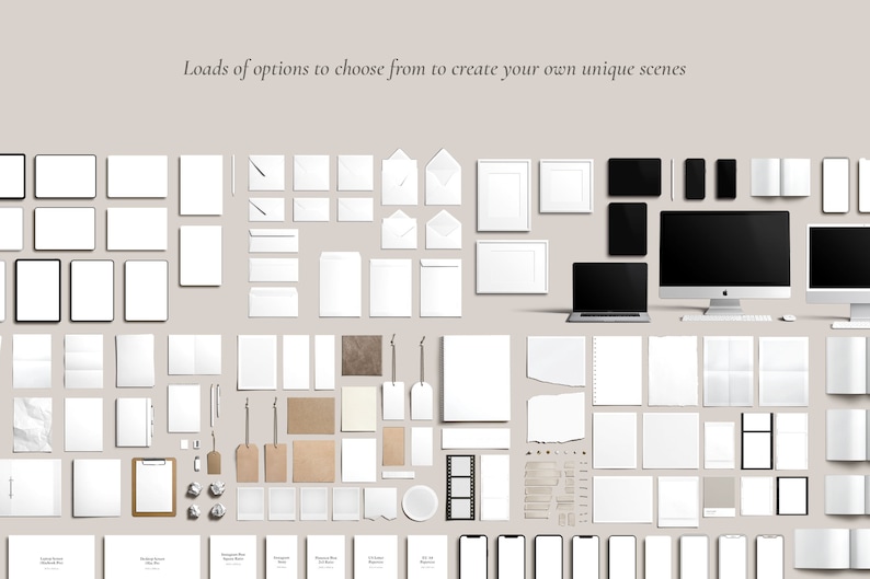 May include: A collection of white mockups for various stationery items, including envelopes, notepads, papers, and tags. There are also mockups for a laptop, desktop computer, tablet, and smartphone.