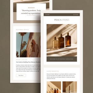 May include: A newsletter from Pesca Stores featuring a skincare routine guide and new beauty products. The newsletter includes a photo of a woman in a white jacket and a photo of three glass bottles with gold caps.