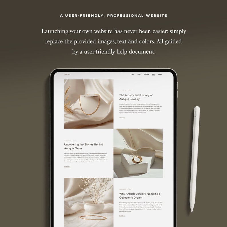 May include: A website mockup on a tablet screen showcasing antique jewelry. The website features images of gold necklaces and a white ceramic bowl with a gold necklace inside. The text on the website includes the titles "Uncovering the Stories Behind Antique Gems", "The Artistry and History of Antique Jewelry", and "Why Antique Jewelry Remains a Collector's Dream".