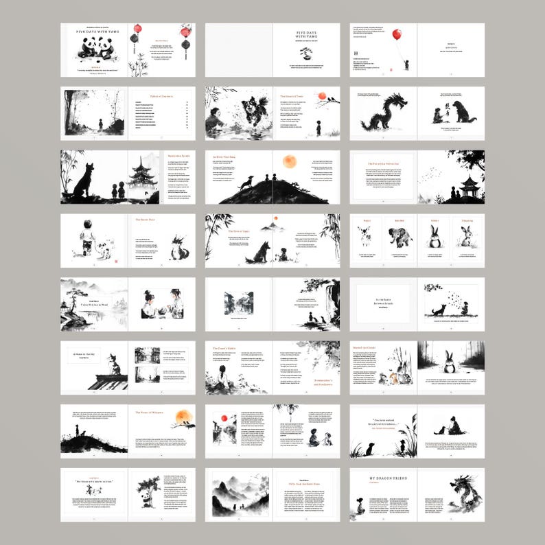 May include: A children's book with black and white illustrations. The book features various scenes with animals, people, and landscapes. Text is included on each page. The cover reads "FIVE NIGHTS WITH TANG".