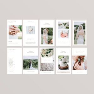 Puede incluir: Un conjunto de nueve plantillas de invitaci&oacute;n de boda para redes sociales con fondo blanco y dise&ntilde;o minimalista. Las plantillas presentan fotos de la novia y el novio, detalles de la boda y un dise&ntilde;o floral.