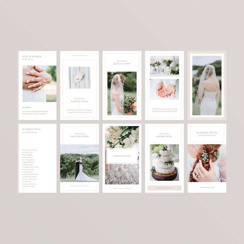 Puede incluir: Un conjunto de nueve plantillas de invitaci&oacute;n de boda para redes sociales con fondo blanco y dise&ntilde;o minimalista. Las plantillas presentan fotos de la novia y el novio, detalles de la boda y un dise&ntilde;o floral.