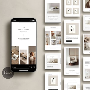 Op de afbeelding: Een mockup van een mobiel telefoonscherm waarop een aanmeldformulier voor een nieuwsbrief wordt weergegeven met de tekst "The Newsletter" en "Meld je aan voor mijn maandelijkse nieuwsbrief om nieuws en updates te ontvangen". De achtergrondafbeelding toont een kopje koffie, een boek en een persoon in een beige trui.