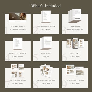 May include: A graphic with nine numbered squares showing the contents of a website design package. The squares show a Squarespace website theme, an SEO optimization checklist, an extensive help document, a website launch checklist, a blogging guide, 20 story templates, 20 square post templates, 20 Pinterest pin templates, and 20 portrait post templates.