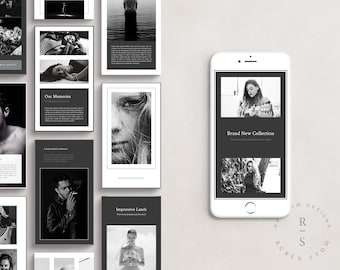 Puede incluir: Una colección de imágenes en blanco y negro, incluyendo retratos y paisajes, se muestra sobre una superficie gris claro. Un smartphone muestra un anuncio de "Brand New Collection". Las imágenes están enmarcadas con bordes blancos.