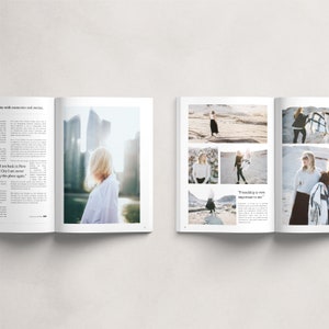 May include: Open magazine spread with a white background. The left page features a photo of a woman in a white shirt standing in front of a city skyline. The right page features a photo of a woman in a black dress standing on a rocky beach. The text "Friendship is very important to me." is printed on the right page.