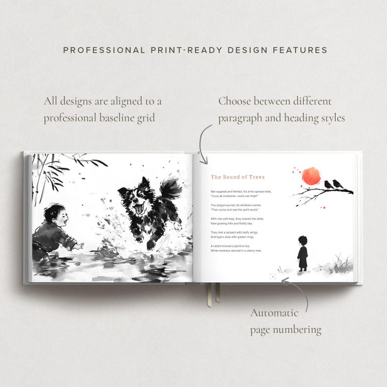 May include: Open book with black and white illustrations. One page shows a child playing with a dog in water. The other page has a poem with a red sun and birds. Text includes "PROFESSIONAL PRINT-READY DESIGN FEATURES".