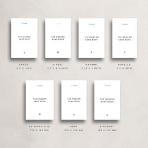 K&ouml;nnte beinhalten: Eine Grafik, die verschiedene Buchformate und ihre entsprechenden Abmessungen in Zoll und Millimetern zeigt. Die Buchformate sind Trade, Digest, Memoir, Novella, A5 Paper Size, Demy und B Format.