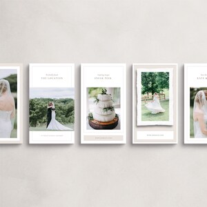 Puede incluir: Cuatro plantillas de historia de Instagram de fotograf&iacute;a de boda con un fondo blanco y texto que dice "We finally found THE LOCATION", "Inspiring Images SNEAK PEEK", "www.domain.com", y "Save the Date KATE & JOHN".
