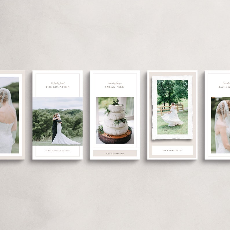 Puede incluir: Cuatro plantillas de historia de Instagram de fotograf&iacute;a de boda con un fondo blanco y texto que dice "We finally found THE LOCATION", "Inspiring Images SNEAK PEEK", "www.domain.com", y "Save the Date KATE & JOHN".