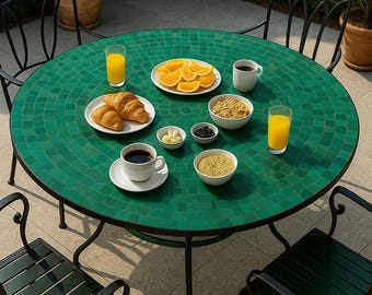 Pode incluir: Uma mesa de jantar redonda ao ar livre com um tampo de mosaico verde está montada para o café da manhã. A mesa é cercada por cadeiras de metal preto. A mesa está montada com pratos de comida, incluindo croissants, fatias de laranja e tigelas de cereais. Também estão presentes dois copos de suco de laranja e duas xícaras de café.