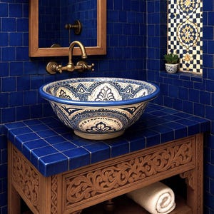 Handmade Moroccan Ceramic Sink – Blue and White Bathroom Vessel Sink – Traditional Fes Pottery Wash Basin – Boho Bathroom Decor - Handmade