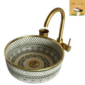 Handmade Moroccan Ceramic Sink – Artisanally Crafted Green and Gold Design : Artisan Bathroom Vessel, Decorative Wash Basin for Kitchen
