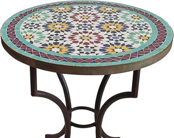 Zellige de mosaico marroquí hecho a mano: mesa de comedor al aire libre con mosaico artesanal, pieza única hecha a mano para la decoración de su patio
