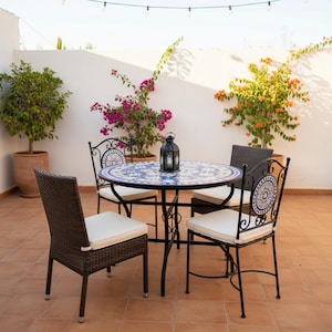 Handmade Moroccan Mosaic Table – Blue and Beige Geometric Design - Round Bistro Table - round ceramic design for indoor/outdoor