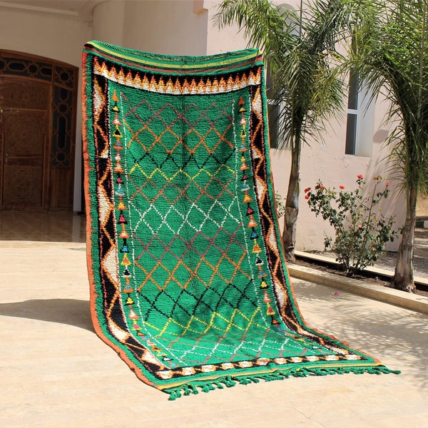Green Moroccan Rug - boujaad rug - vintage crapet - beni ourain mate - berber rug - azilal crapte - handmade rug (300 x 150) cm 9'10"/4'11"