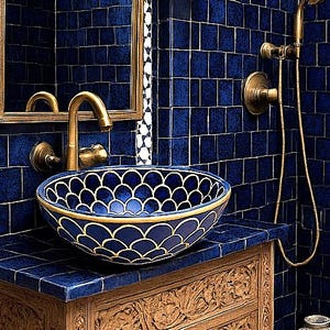 Könnte beinhalten: Ein luxuriöses Badezimmer mit blauen Fliesenwänden und einem geschnitzten Holzwaschtisch. Der Waschtisch trägt ein dekoratives blau-goldenes Waschbecken. Ein goldfarbener Spiegel und Leuchten ergänzen den Raum. Der Duschbereich hat ein dekoratives Fenster und eine goldene Duschbrause.