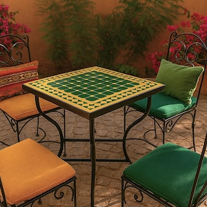 Handmade Moroccan Square Mosaic Table – White and Brown Outdoor Patio Table – Custom Zellige Bistro Table – Iron Base – Artisan Made