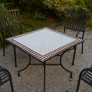 Handmade Moroccan Square Mosaic Table – White and Brown Outdoor Patio Table – Custom Zellige Bistro Table – Iron Base – Artisan Made