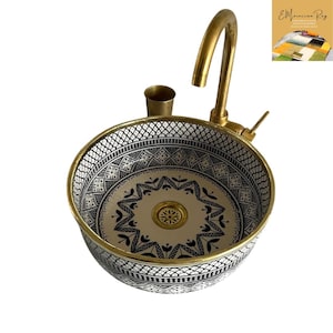 Handcrafted Moroccan Ceramic Sink - Vibrant Colorful Mosaic Design with Brass Accents