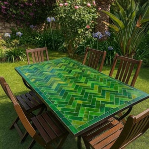 Green Moroccan Zellige Mosaic Table – Handmade Garden or Dining Room Centerpiece - Handmade Moroccan Square Mosaic Table – Custom Table