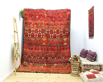 Red Boujaad rug- 7 x 11 -vintage moroccan rug-abstract rug -Colorful handmade rug-(342 x 214)-berber rugs-tribal rug-boho rug-decorative rug