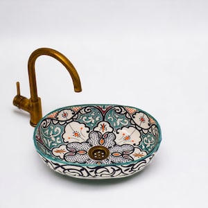 Handmade Moroccan Ceramic Sink – Oval Bathroom Basin with Intricate Floral Patterns, Artisan-Made   – Elegant and Authentic Bathroom Decor