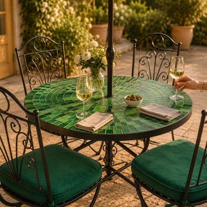 ceramic patio table with umbrella hole HERA'S HOUSE Dining for 6, Rectangle Outdoor Metal Table for Lawn Garden Backyard : Patio, Lawn & Garden along with ergonomically positioned armrests with teak accents Ceramic Tile Top Tile With