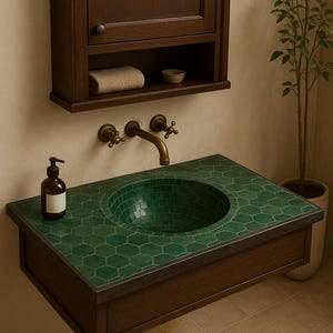 May include: A dark wood vanity with a green mosaic tile countertop and a circular sink. A matching dark wood cabinet is mounted above the vanity. A bronze faucet and soap dispenser are visible. A small plant is in the background.