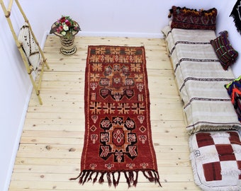 Red Boujaad rug -- Moroccan rug - bohemian red rug - berber carpet - Colorful handmade & vintage wool rug 2 x 6  (210 X 88) cm