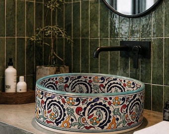Multicolor Ceramic Vessel Sink, Hand Painted Moroccan Bathroom Basin, Round Vanity Bowl