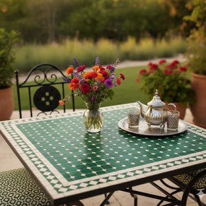 Könnte beinhalten: Ein grün-weißer gefliester Tisch mit einem silbernen Teeservice und einem Strauß bunter Blumen in einer Glasvase. Der Tisch befindet sich im Freien, mit einem schwarzen Metallstuhl und Topfpflanzen im Hintergrund.
