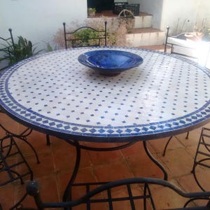 Handmade Moroccan Mosaic Table | Round Blue & Beige Outdoor Patio Table - Handmade Ceramic Table for Garden, Patio, or Living Room