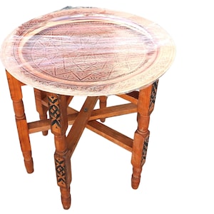 Moroccan Brass Table, Engraved Arabesque Folding Brass Tea Table with Polished Brass Tray, Handmade Moroccan Decor
