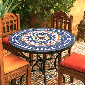 Handmade Moroccan Mosaic Table – Blue, Orange & White Round Patio Table – Outdoor Garden Decor– Custom Size Zellige Tabletop, interior decor