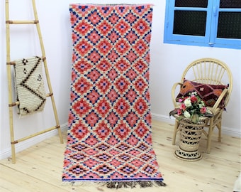 Vintage Moroccan Rug -- berber rug - azila rug-handmade rug - wool rug (236x91) cm  7'8" x 2'11"- beni ourain rug-checkered rug-multicolor
