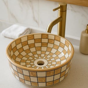 Beige and Brown Minimalist Design Handcrafted Moroccan Ceramic Sink Handcrafted Moroccan Ceramic Sink
