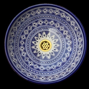 Handcrafted Berber Tattoo Ceramic Washbasin in Blue & White - Unique Artisan Home Decor from Fez