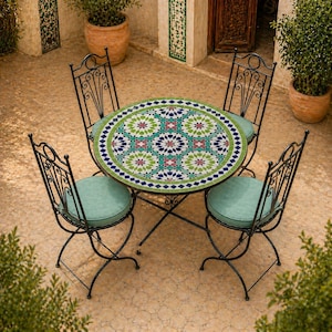 Mosaic Bistro Set 4 Piece Moroccan Zellige Table & Chairs | Outdoor Patio Garden Furniture