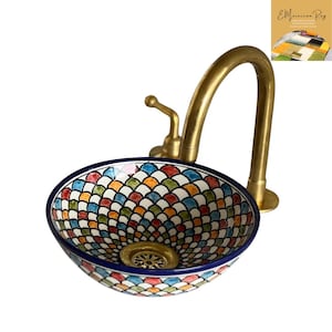 Handmade Moroccan Ceramic Sink – Multicolor Mosaic Design with Brass Faucet