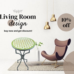 Puede incluir: Una mesa auxiliar con una tapa de mosaico verde y blanco y una base de metal negro. La mesa está en un salón con un sillón marrón y dos lámparas colgantes doradas. El texto "Living Room design" y "buy now and get discount!" se muestra sobre la mesa. El texto "10% off" se muestra en un círculo en la pared.