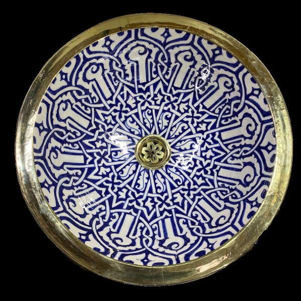 Lavabo marocain : Lavabo marocain en céramique peint à la main avec rebord en laiton - Fabriqué par des artisans