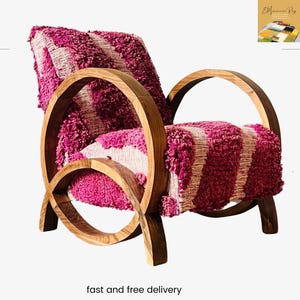 Handmade Berber Armchair - Moroccan Artisan Chair with Magenta Striped Wool Upholstery and Solid Wood Frame