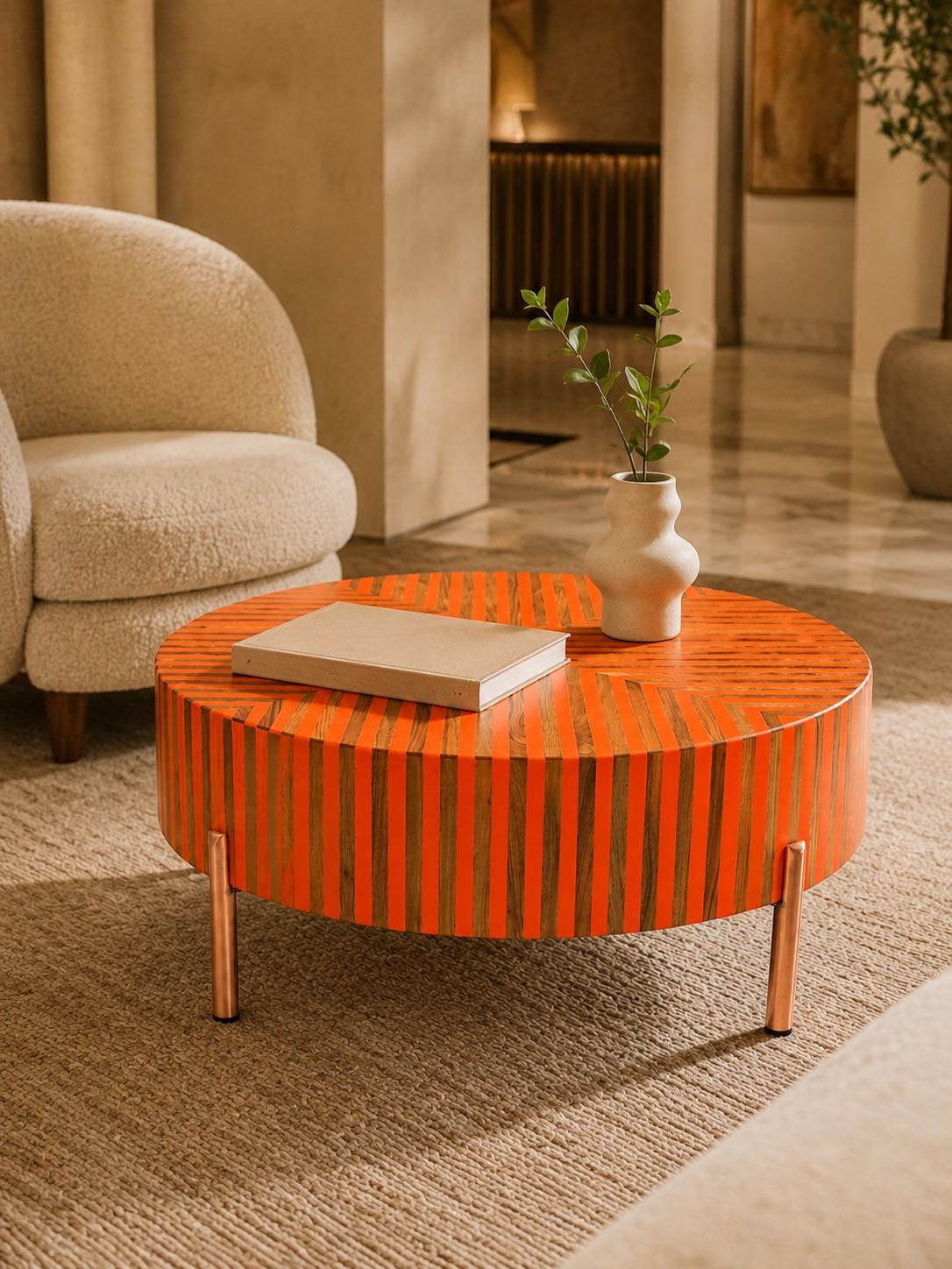 Handmade Wooden Coffee –handmade Round Wooden Coffee Table With Orange Geometric Inlay – Moroccan Modern Design – Artistic Home Furniture
