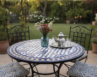 Handcrafted Moroccan Mosaic Dining Table - Custom Outdoor & Indoor Zellige Patio Table - Vibrant Tile Art for Garden, Kitchen, Balcony