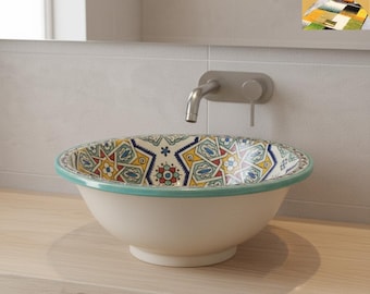 Hand-painted Moroccan Ceramic Sink – Colorful Handmade Bathroom Vessel – Traditional Geometric Design from Fez – Artisan Bathroom Decor