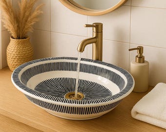Handmade Moroccan Ceramic Sink – Black and White Geometric Design, Unique Artisan Bathroom Basin