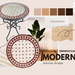 Puede incluir: Una mesa redonda de azulejos marroquíes blancos y rojos con un marco de metal negro. La mesa tiene un diámetro de 76 cm y una altura de 76 cm. La mesa está sobre un fondo rosa claro con una alfombra de cebra marrón y blanca y una planta verde en el fondo. El texto "EMOROCCANRUG MODERN interior design" está en la esquina inferior derecha de la imagen.